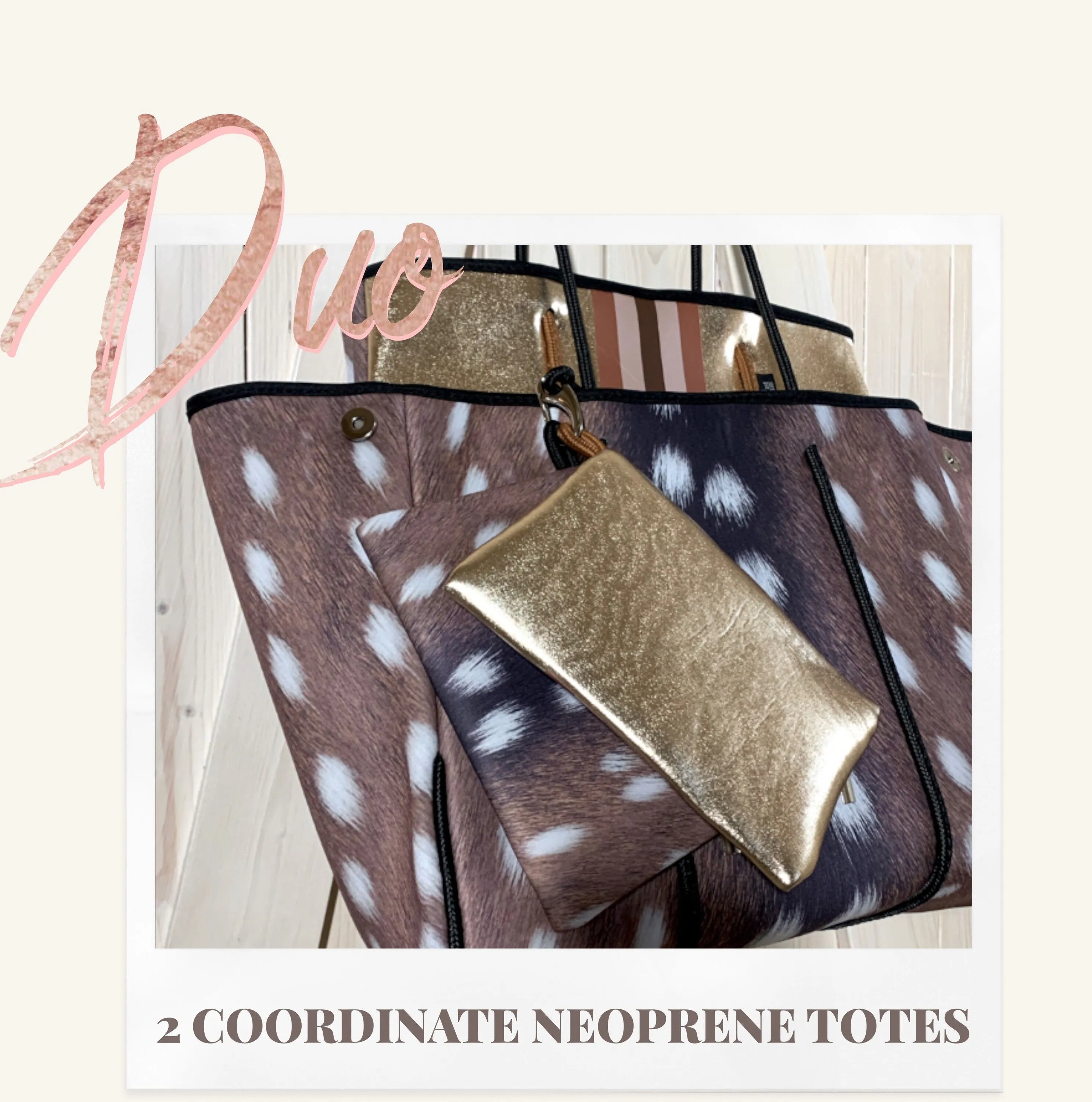 DUO 2-in-1 neoprene Tote Set Auburn Fawn brown deer   Amber Embers bronze   rouged amber   4 pouches ( mom baby swim / his her honeymoon )