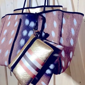 DUO 2-in-1 neoprene Tote Set Auburn Fawn brown deer   Amber Embers bronze   rouged amber   4 pouches ( mom baby swim / his her honeymoon )