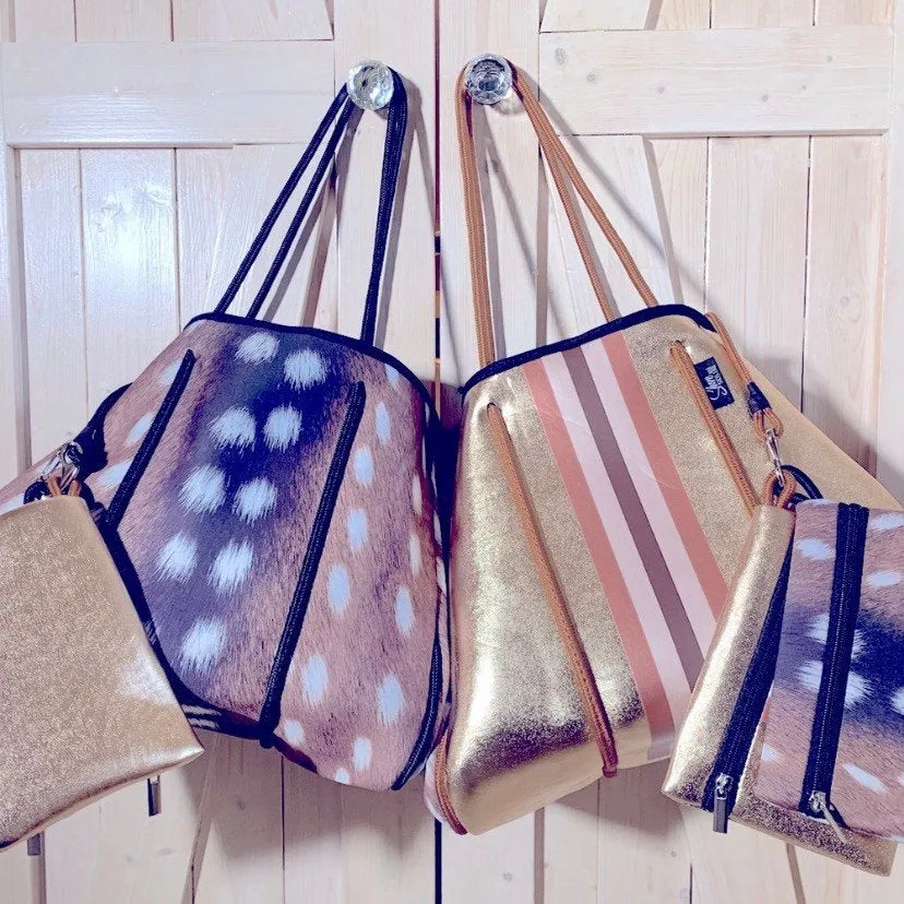 DUO 2-in-1 neoprene Tote Set Auburn Fawn brown deer   Amber Embers bronze   rouged amber   4 pouches ( mom baby swim / his her honeymoon )