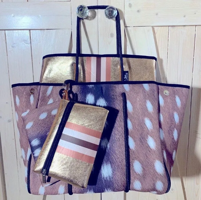 DUO 2-in-1 neoprene Tote Set Auburn Fawn brown deer   Amber Embers bronze   rouged amber   4 pouches ( mom baby swim / his her honeymoon )