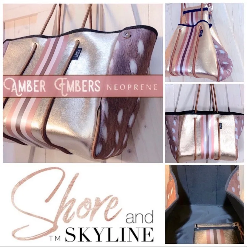 DUO 2-in-1 neoprene Tote Set Auburn Fawn brown deer   Amber Embers bronze   rouged amber   4 pouches ( mom baby swim / his her honeymoon )