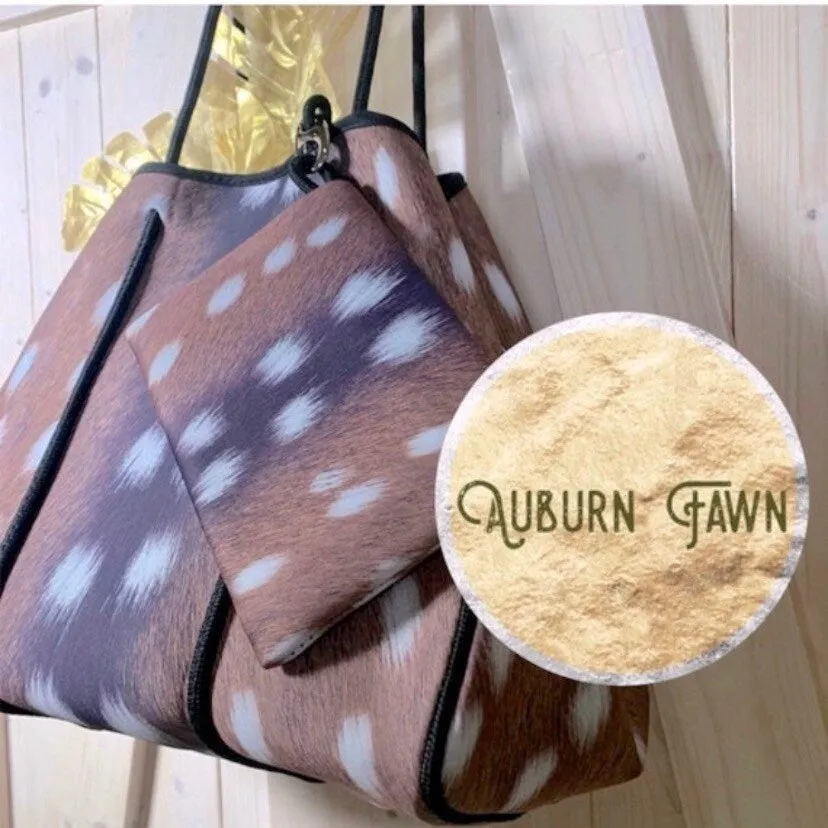 DUO 2-in-1 neoprene Tote Set Auburn Fawn brown deer   Amber Embers bronze   rouged amber   4 pouches ( mom baby swim / his her honeymoon )