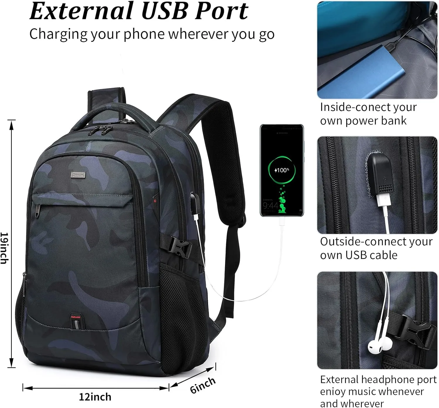 DUSLANG 17 Inch Travel Laptop Backpack Water Resistant Hiking Backpack for Men Laptop Bag with USB Charging Port,Camouflage green