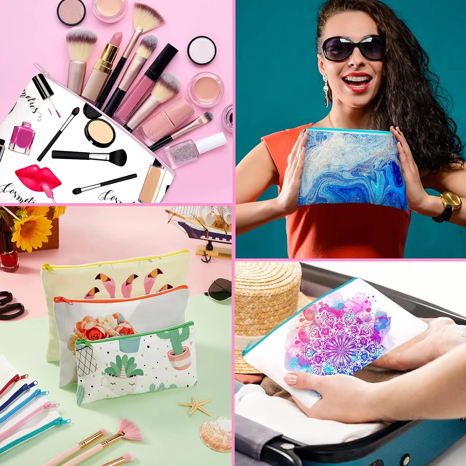 Eccliy 70 Pieces Sublimation Blank Canvas Makeup Bags Bulk Blank DIY Heat Transfer Cosmetic Makeup Bags Canvas Pen Case Pencil Bags Sublimation Pouch with Zipper(7.87 x 5.7 Inch,Multicolor)