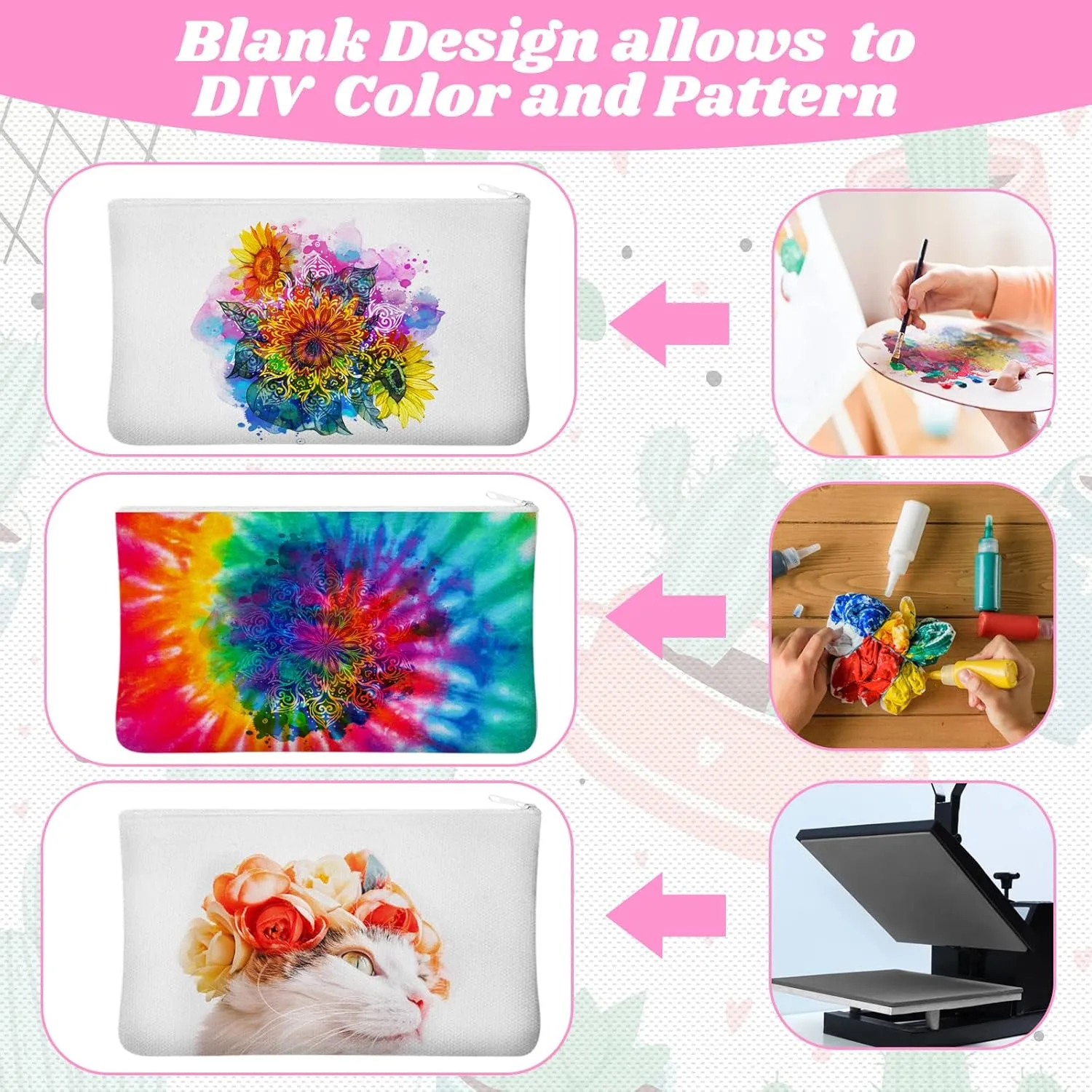 Eccliy 70 Pieces Sublimation Blank Canvas Makeup Bags Bulk Blank DIY Heat Transfer Cosmetic Makeup Bags Canvas Pen Case Pencil Bags Sublimation Pouch with Zipper(7.87 x 5.7 Inch,Multicolor)