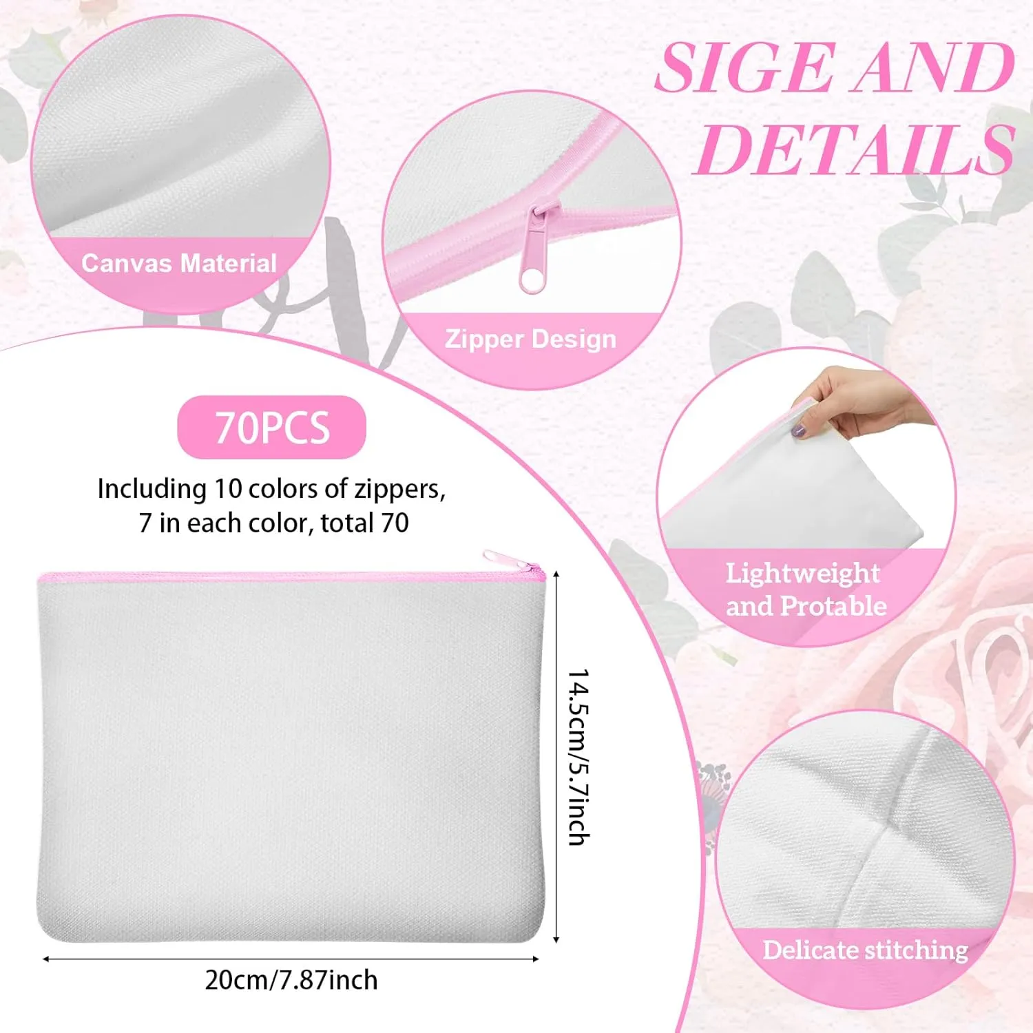 Eccliy 70 Pieces Sublimation Blank Canvas Makeup Bags Bulk Blank DIY Heat Transfer Cosmetic Makeup Bags Canvas Pen Case Pencil Bags Sublimation Pouch with Zipper(7.87 x 5.7 Inch,Multicolor)