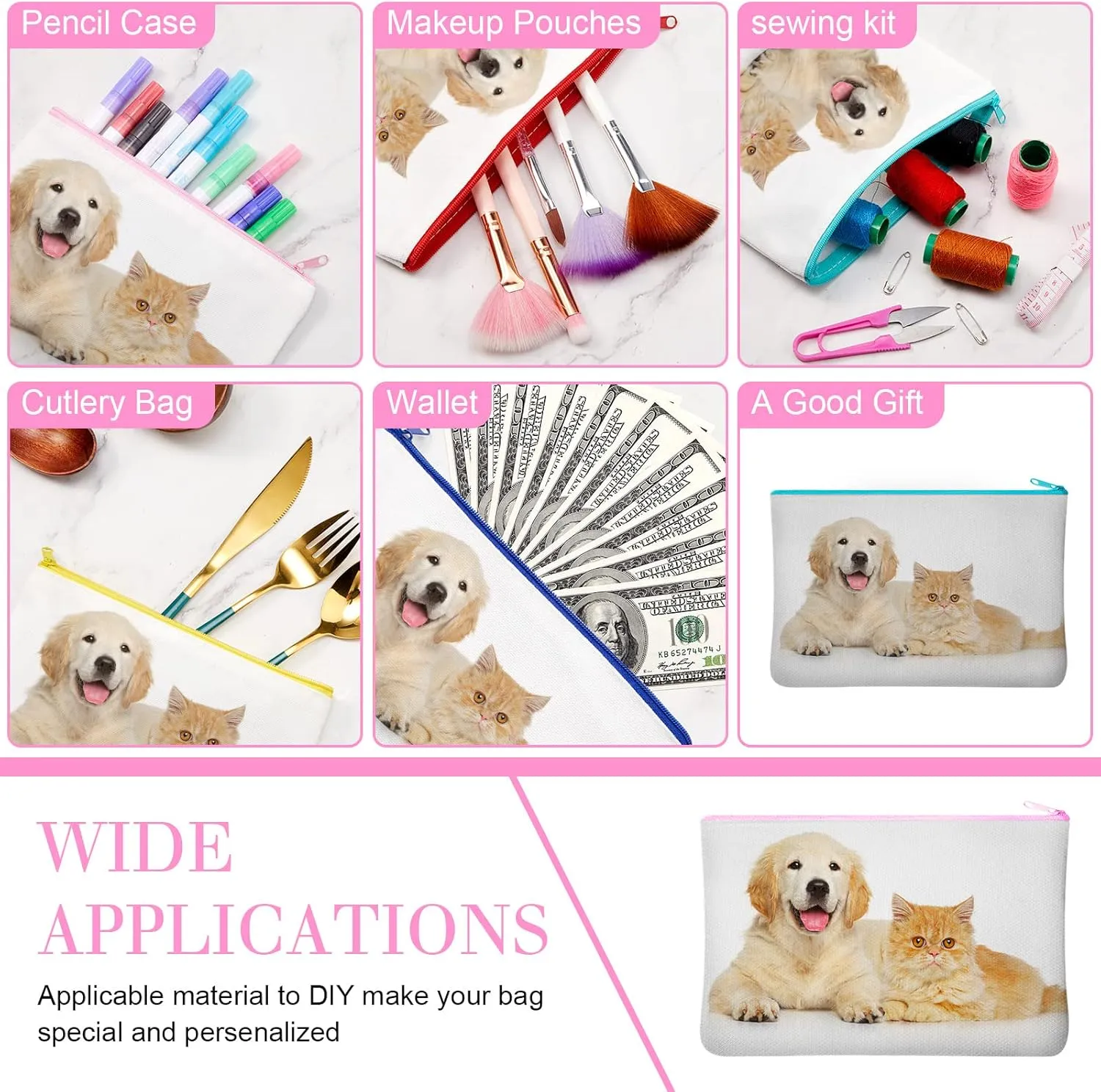 Eccliy 70 Pieces Sublimation Blank Canvas Makeup Bags Bulk Blank DIY Heat Transfer Cosmetic Makeup Bags Canvas Pen Case Pencil Bags Sublimation Pouch with Zipper(7.87 x 5.7 Inch,Multicolor)