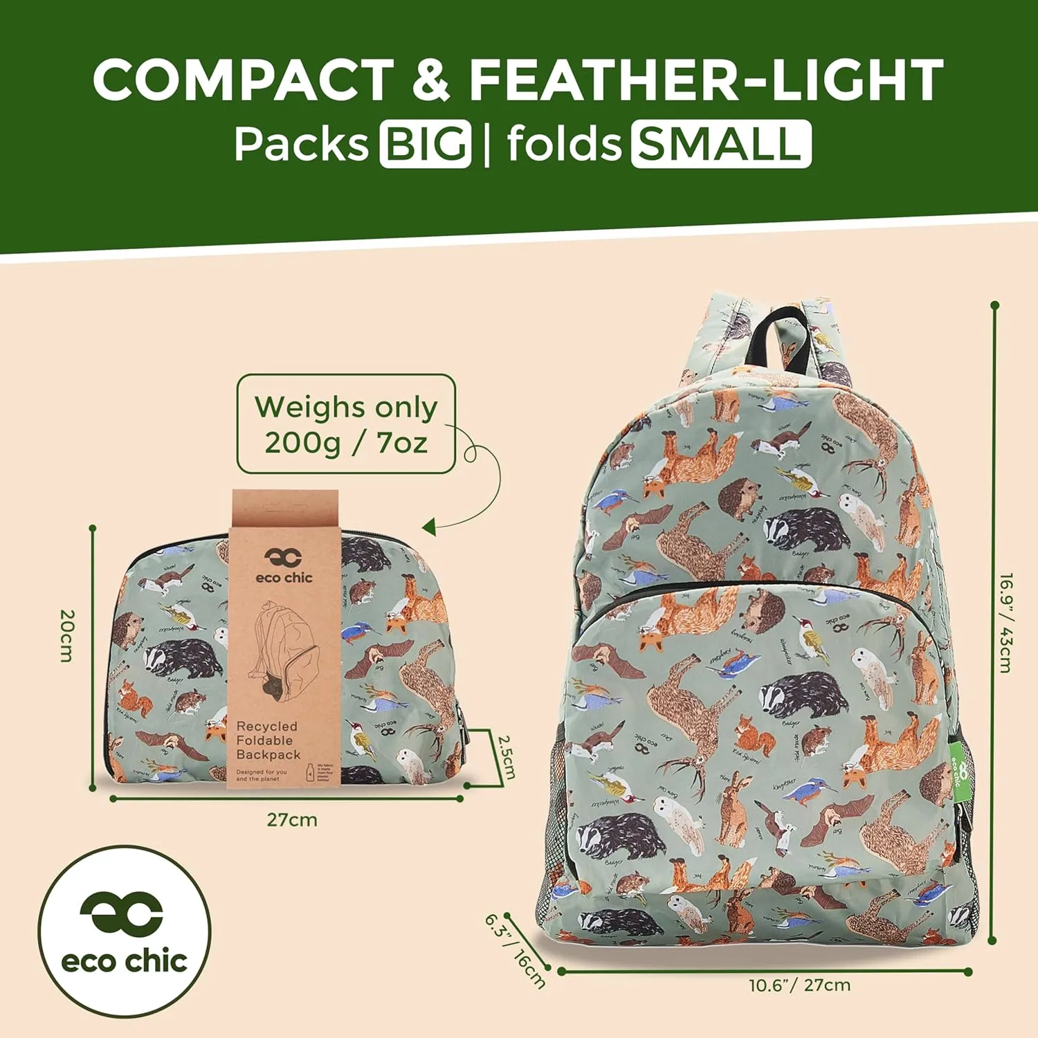 ECO CHIC Hiking Lightweight Packable Backpack - Foldable Daypack for Travel & Hiking & Outdoor Adventures - Waterproof Backpack from Recycled Materials (Woodland Olive)
