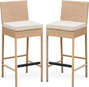 ECOTOUGE Outdoor Bar Stools Set of 2, Wicker Woven Patio Stools & Patio Bar Chairs with Seat Cushion and Cozy Footrest, Rattan Furniture Armless Counter Height for Pool Lawn Porch Backyard, Yellow
