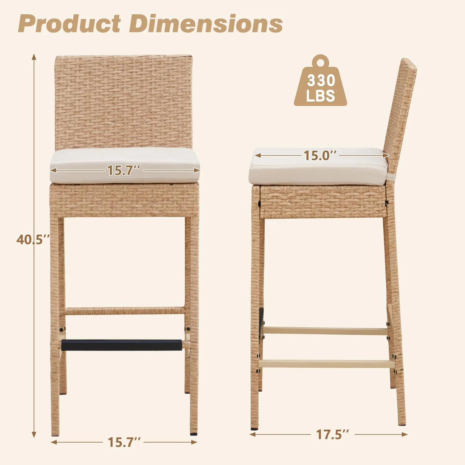 ECOTOUGE Outdoor Bar Stools Set of 2, Wicker Woven Patio Stools & Patio Bar Chairs with Seat Cushion and Cozy Footrest, Rattan Furniture Armless Counter Height for Pool Lawn Porch Backyard, Yellow
