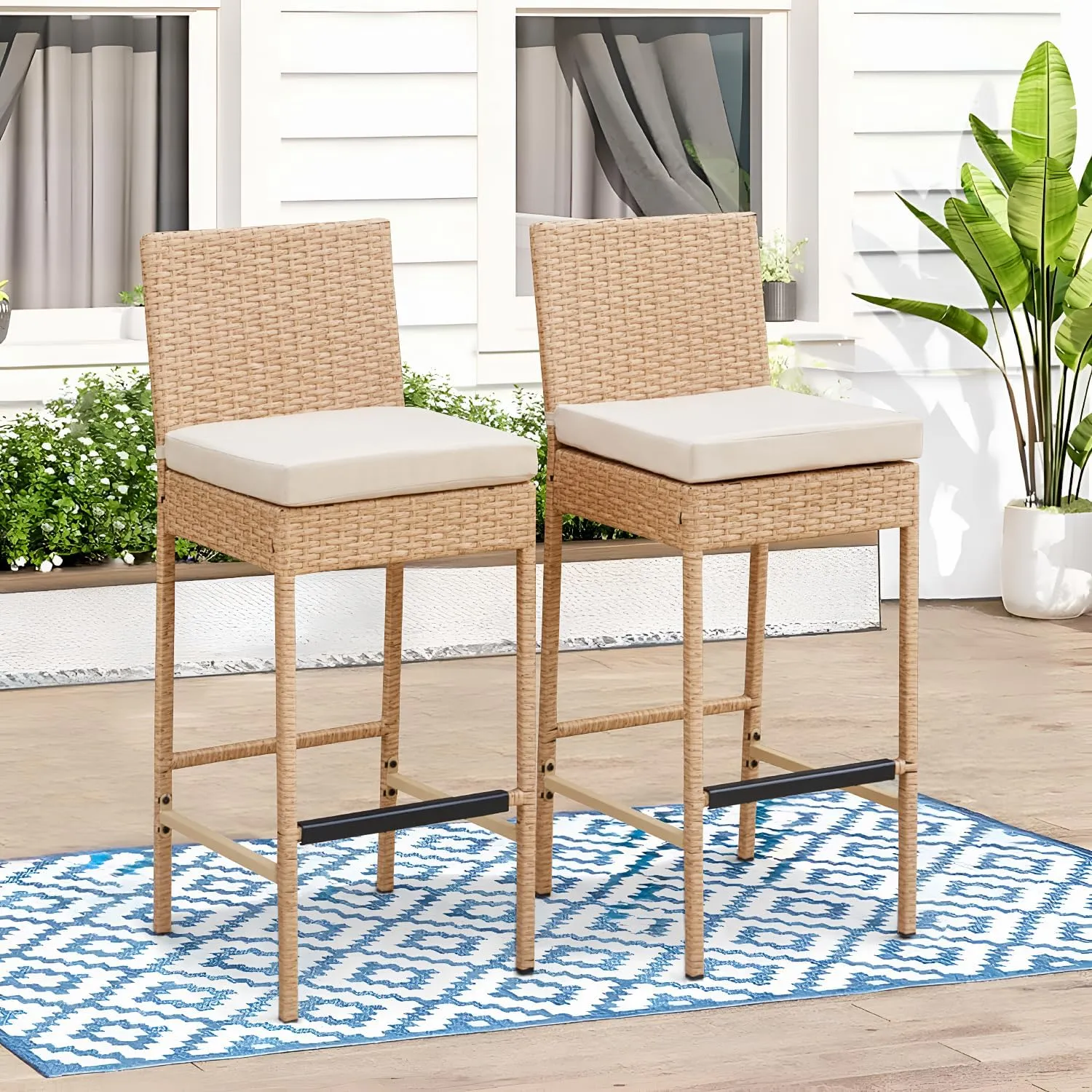 ECOTOUGE Outdoor Bar Stools Set of 2, Wicker Woven Patio Stools & Patio Bar Chairs with Seat Cushion and Cozy Footrest, Rattan Furniture Armless Counter Height for Pool Lawn Porch Backyard, Yellow