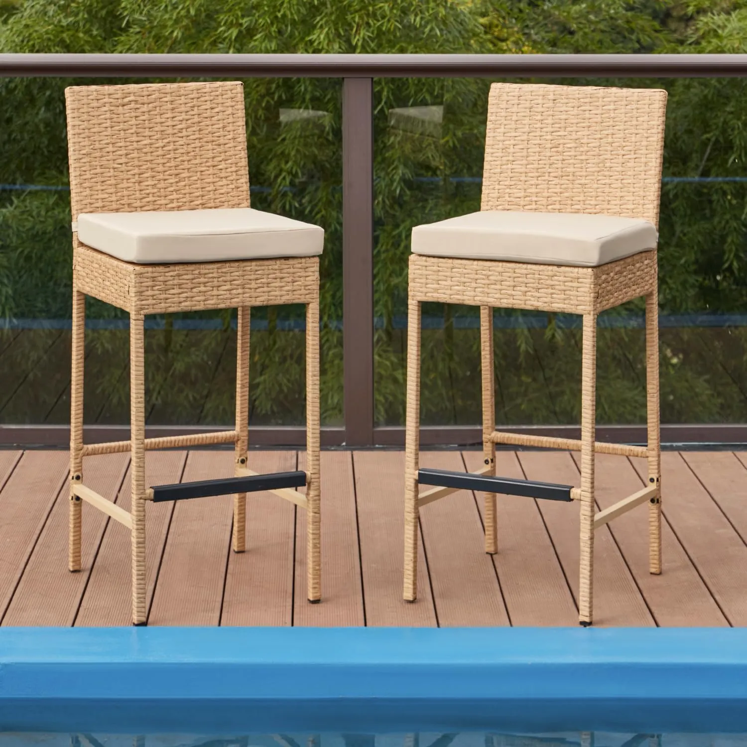 ECOTOUGE Outdoor Bar Stools Set of 2, Wicker Woven Patio Stools & Patio Bar Chairs with Seat Cushion and Cozy Footrest, Rattan Furniture Armless Counter Height for Pool Lawn Porch Backyard, Yellow