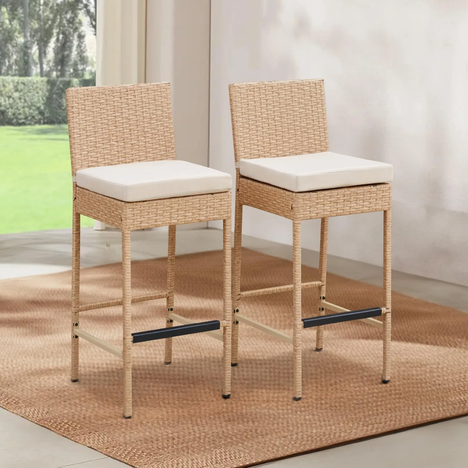 ECOTOUGE Outdoor Bar Stools Set of 2, Wicker Woven Patio Stools & Patio Bar Chairs with Seat Cushion and Cozy Footrest, Rattan Furniture Armless Counter Height for Pool Lawn Porch Backyard, Yellow