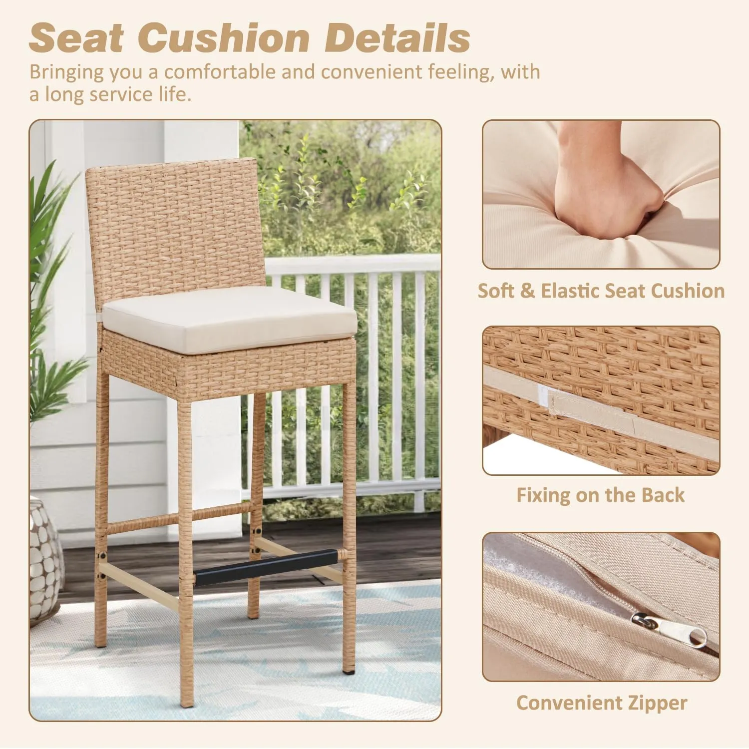 ECOTOUGE Outdoor Bar Stools Set of 2, Wicker Woven Patio Stools & Patio Bar Chairs with Seat Cushion and Cozy Footrest, Rattan Furniture Armless Counter Height for Pool Lawn Porch Backyard, Yellow