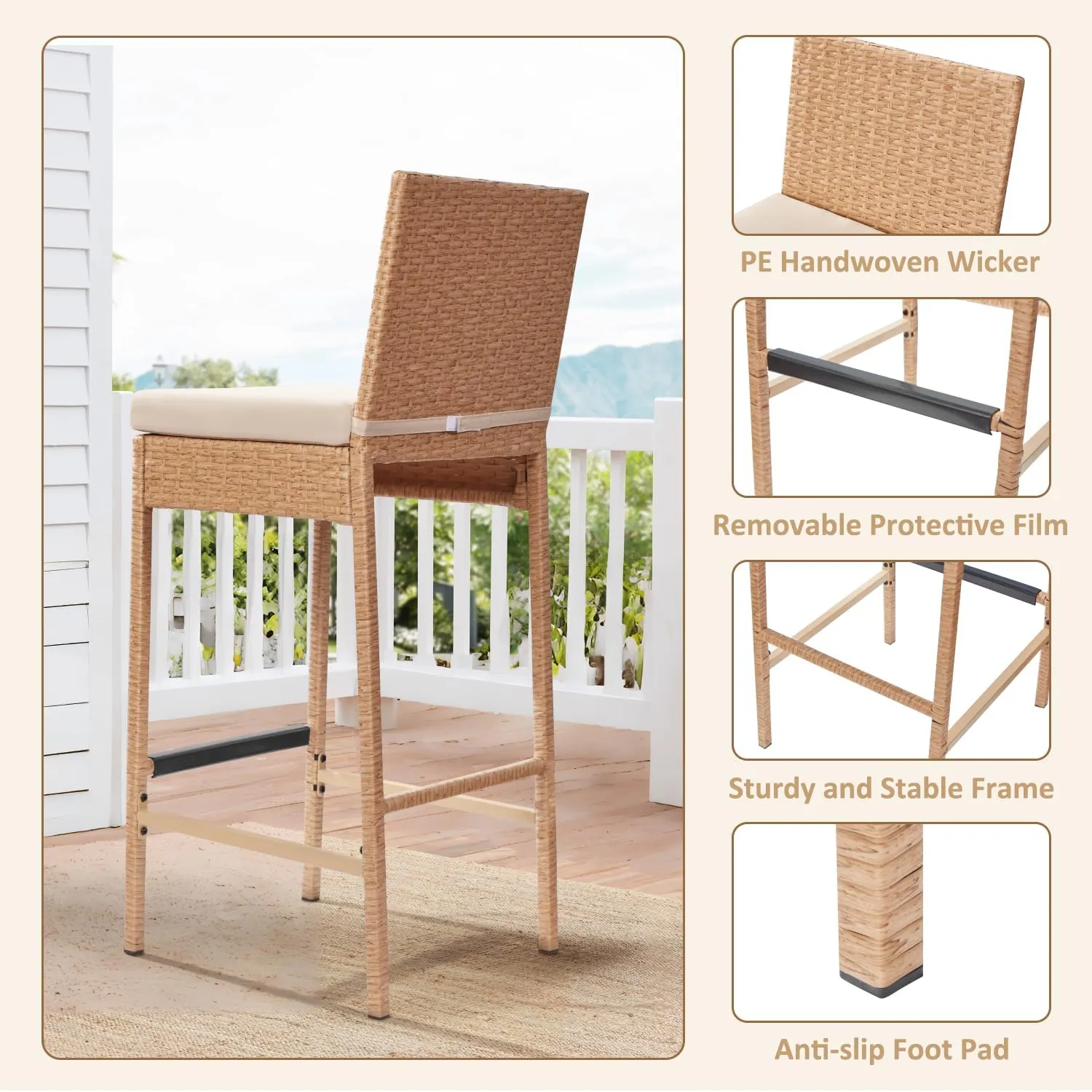 ECOTOUGE Outdoor Bar Stools Set of 2, Wicker Woven Patio Stools & Patio Bar Chairs with Seat Cushion and Cozy Footrest, Rattan Furniture Armless Counter Height for Pool Lawn Porch Backyard, Yellow