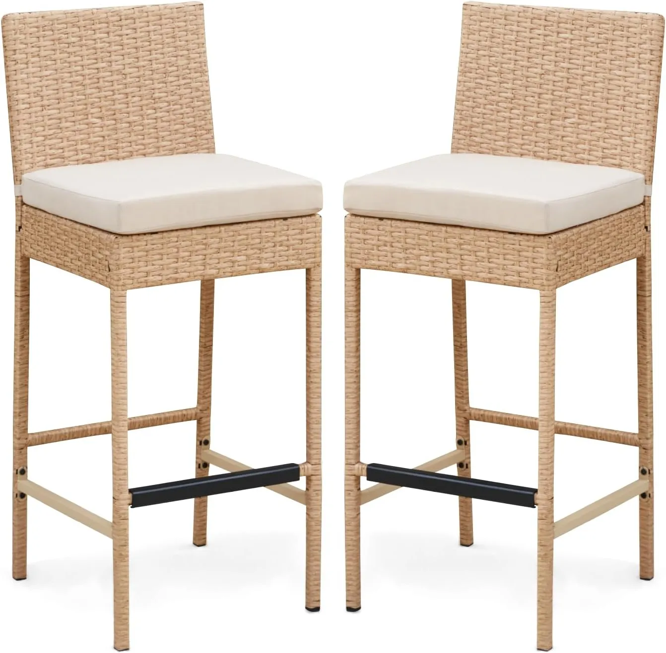 ECOTOUGE Outdoor Bar Stools Set of 2, Wicker Woven Patio Stools & Patio Bar Chairs with Seat Cushion and Cozy Footrest, Rattan Furniture Armless Counter Height for Pool Lawn Porch Backyard, Yellow