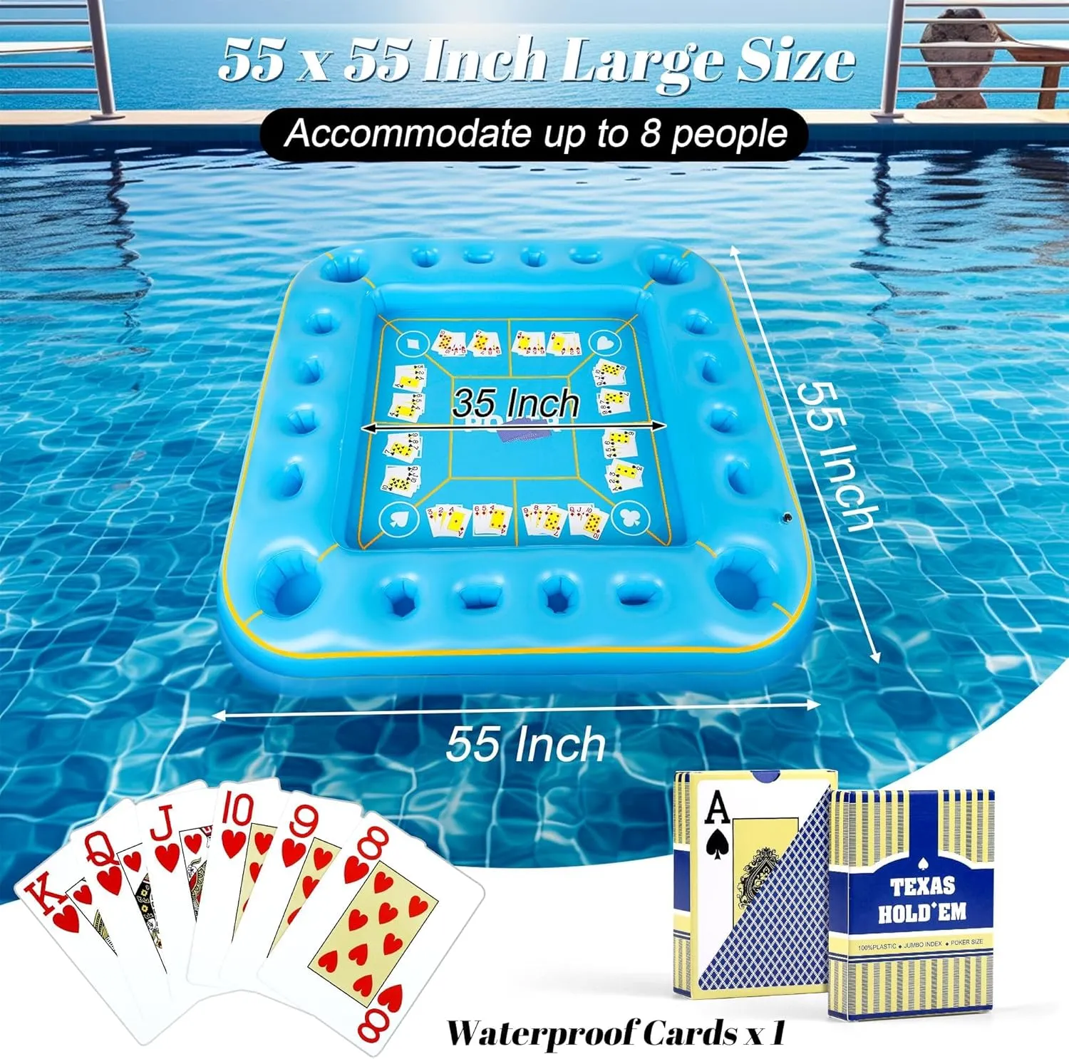 Elcoho 55 x 55 Inch Extra Large Inflatable Game Table with Waterproof Playing Cards Floating Pool Table Drink Holder Inflatable Ice Serving Tray Buffet Bar for Pool Summer Party, Light Blue