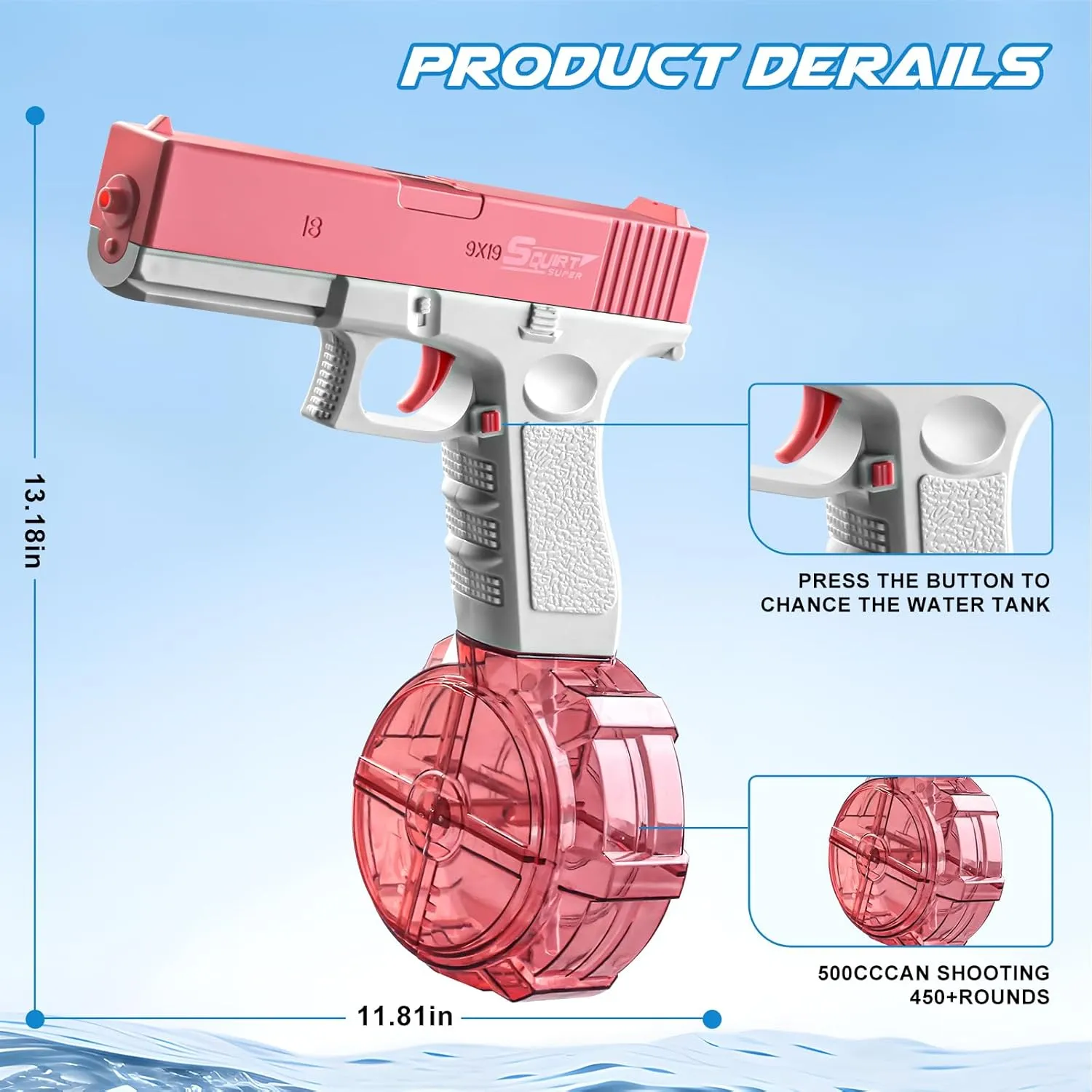 Electric Water Gun for Adults & Kids Outdoor Games, High-Power Water Blaster with 500ml Tank & 35ft Range, Realistic Automatic Rapid-Fire Squirt Gun Toy for Pool Beach Summer Fun Party (Pink)