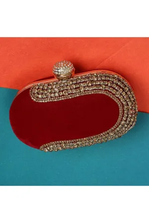 Elegant Velvet Embroidered Red Clutch