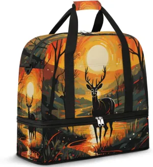 Elk Animal Travel Duffel Bag for Women Men Weekender Overnight Bag with Shoe Compartment Foldable Sports Gym Luggage Bag