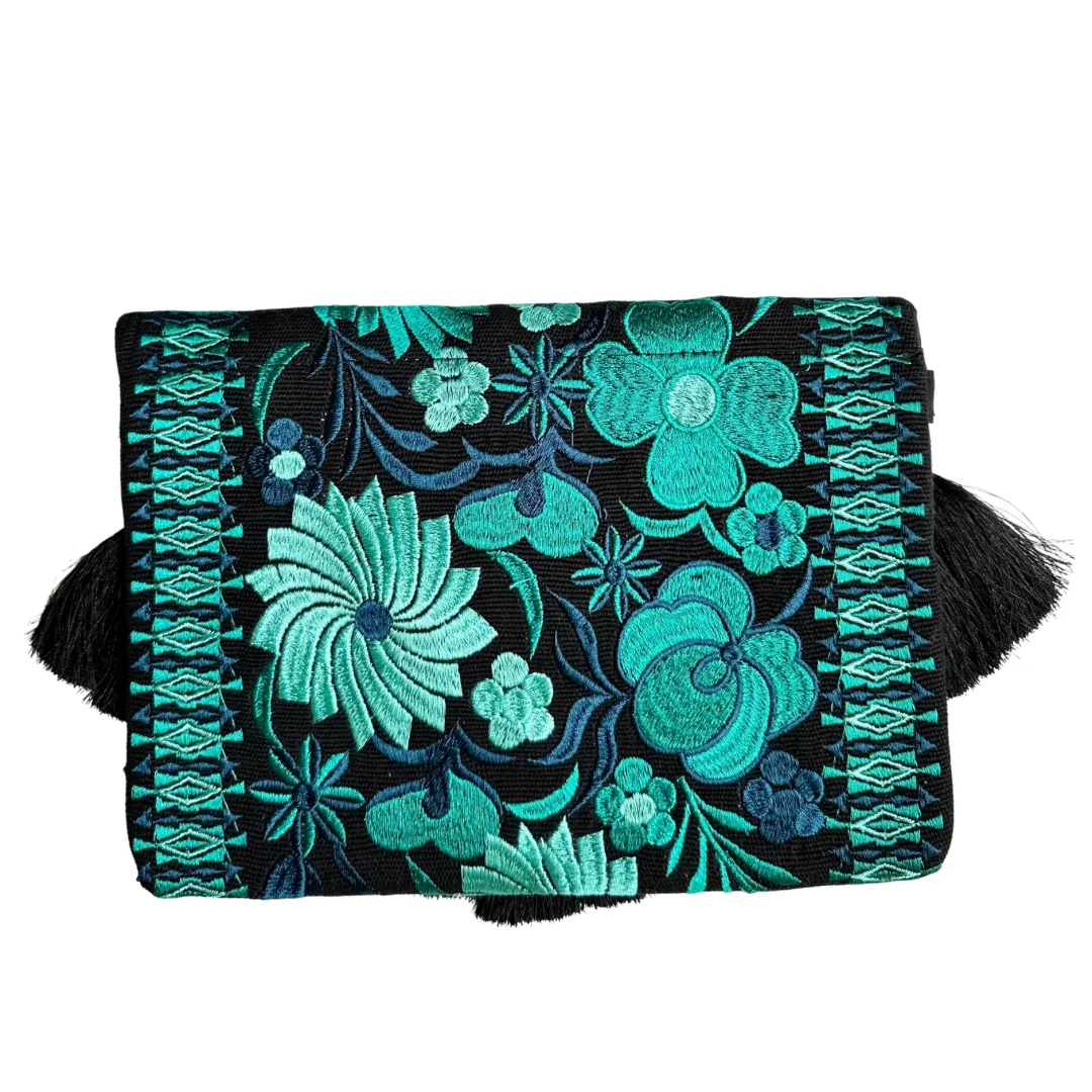 Embroidered Clutch - Luxe Tassels and Beads - Black   Emerald   Teal
