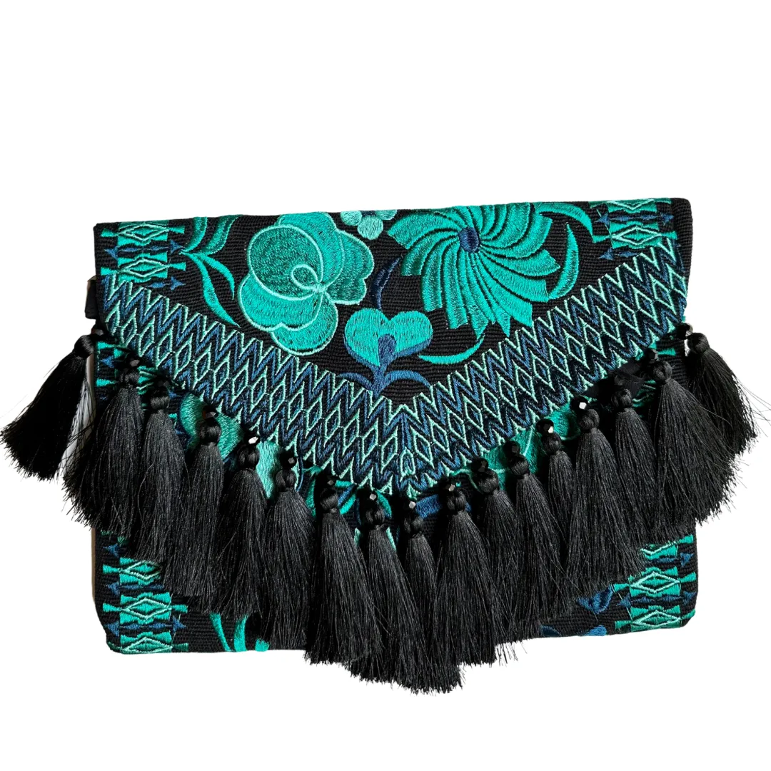 Embroidered Clutch - Luxe Tassels and Beads - Black   Emerald   Teal