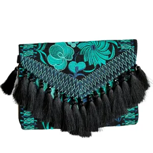 Embroidered Clutch - Luxe Tassels and Beads - Black   Emerald   Teal