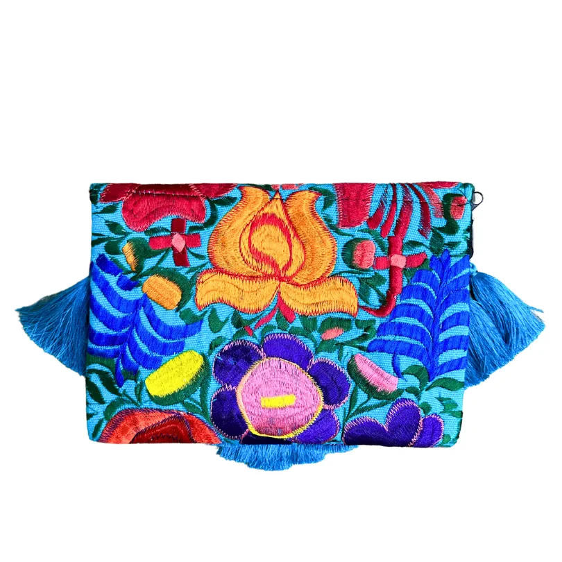 Embroidered Clutch - Luxe Tassels - Azul Mexicano