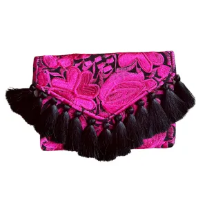 Embroidered Clutch - Luxe Tassels - Black   Hot Pink