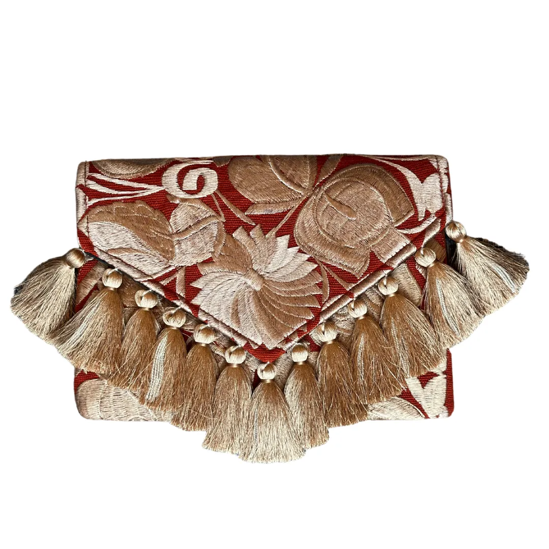 Embroidered Clutch - Luxe Tassels - Copper   Sand