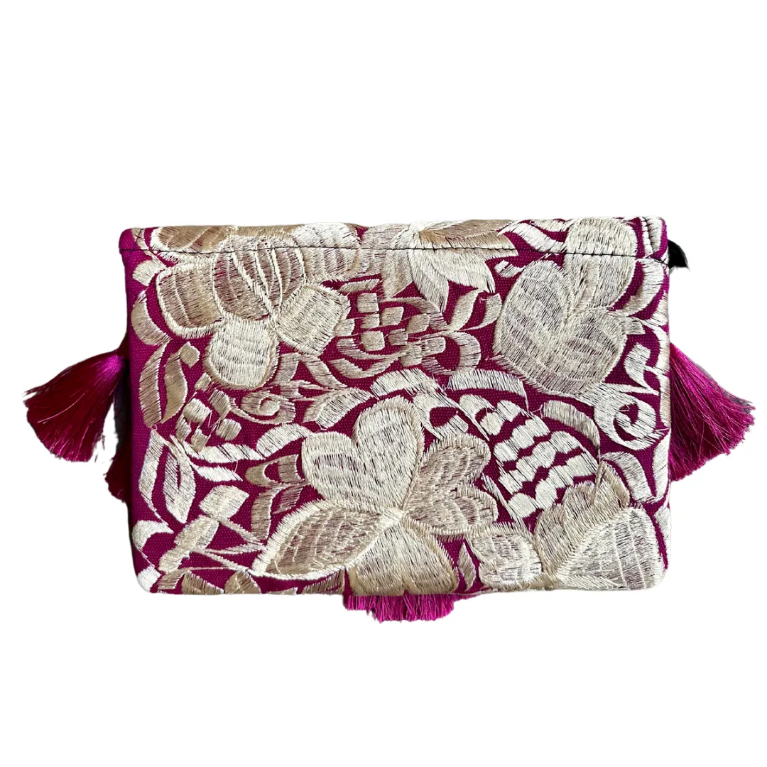 Embroidered Clutch - Luxe Tassels - Magenta   Sand