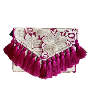 Embroidered Clutch - Luxe Tassels - Magenta   Sand