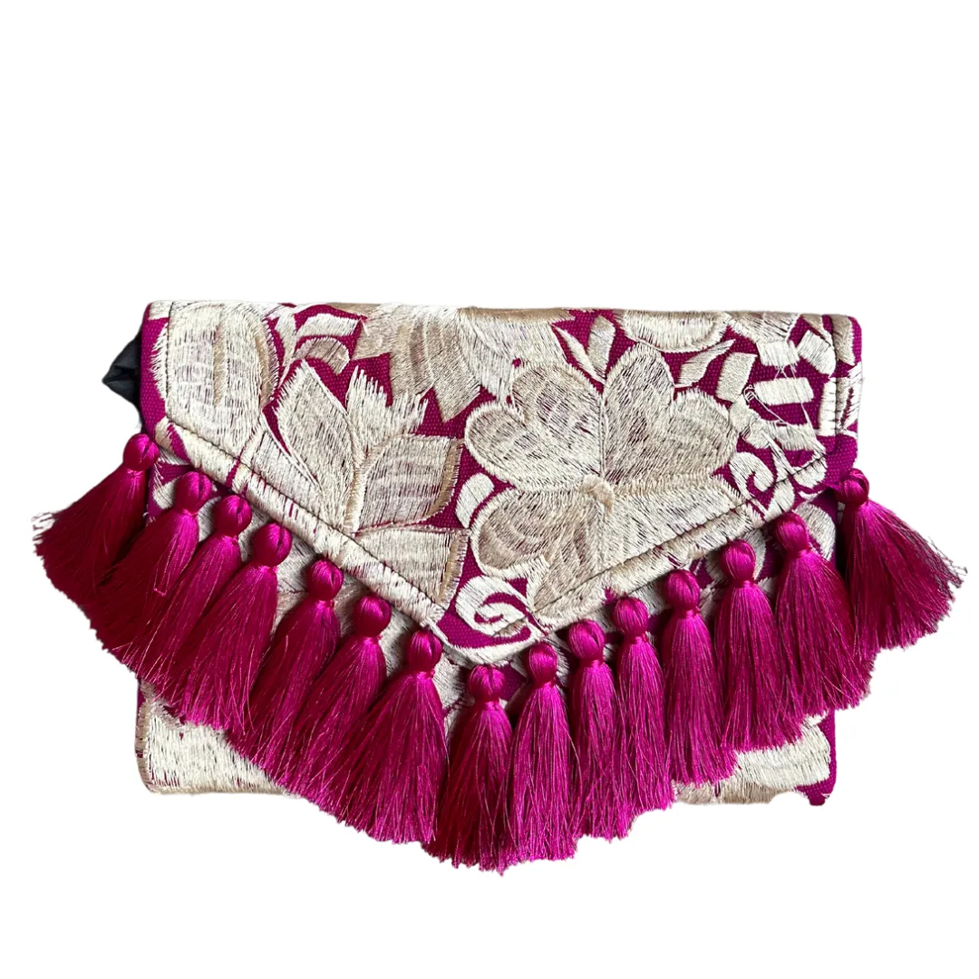 Embroidered Clutch - Luxe Tassels - Magenta   Sand