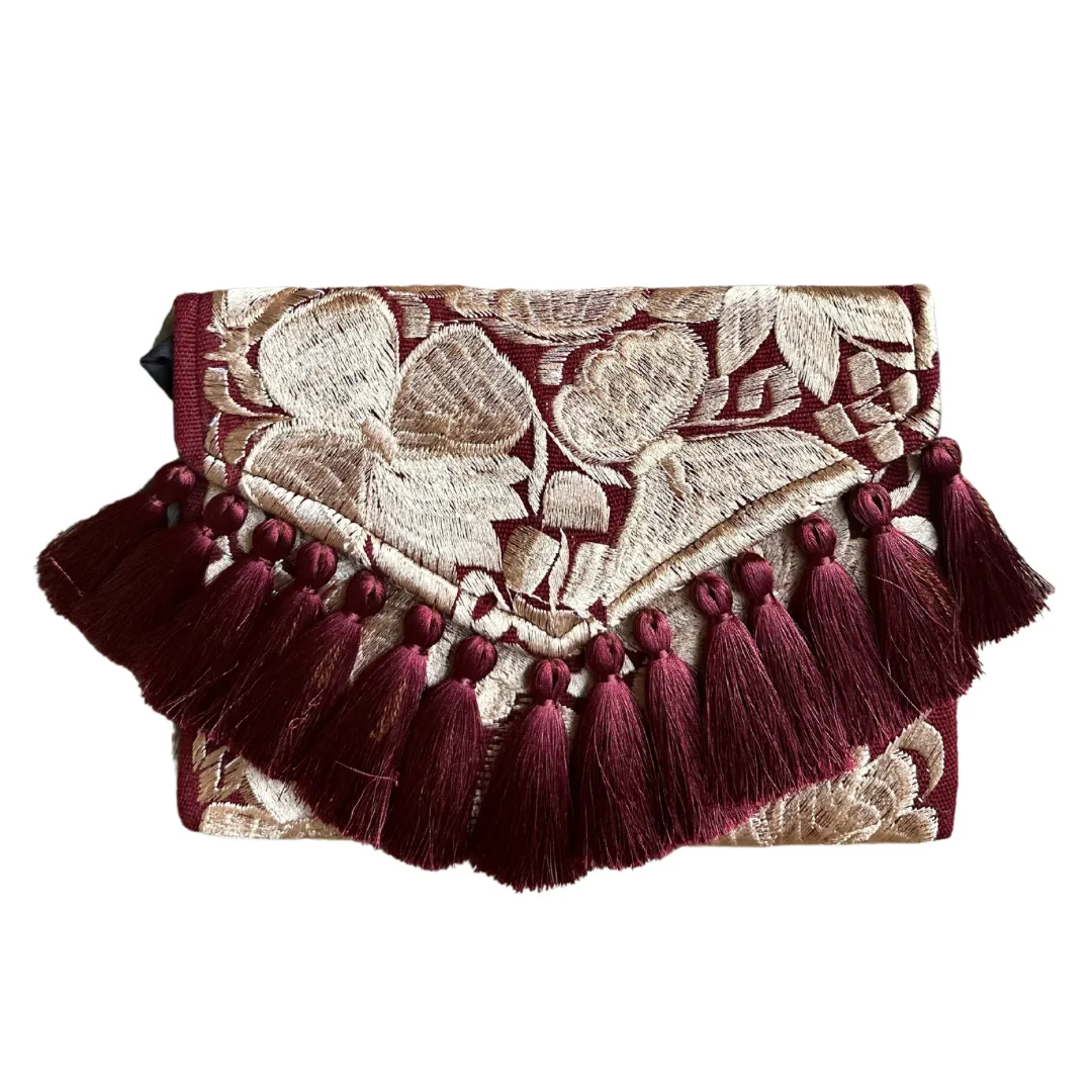 Embroidered Clutch - Luxe Tassels - Maroon   Sand