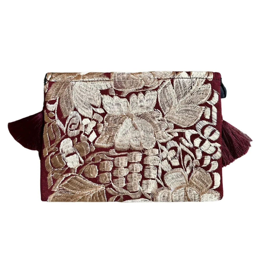 Embroidered Clutch - Luxe Tassels - Maroon   Sand