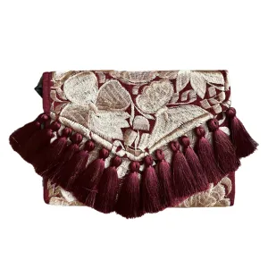 Embroidered Clutch - Luxe Tassels - Maroon   Sand