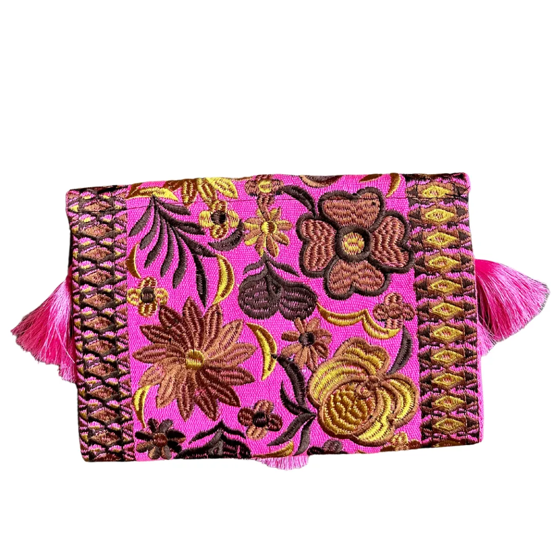 Embroidered Clutch - Luxe Tassels - Pink   Gold   Brown