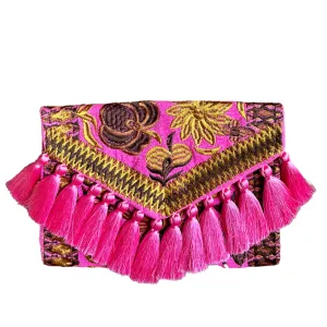 Embroidered Clutch - Luxe Tassels - Pink   Gold   Brown