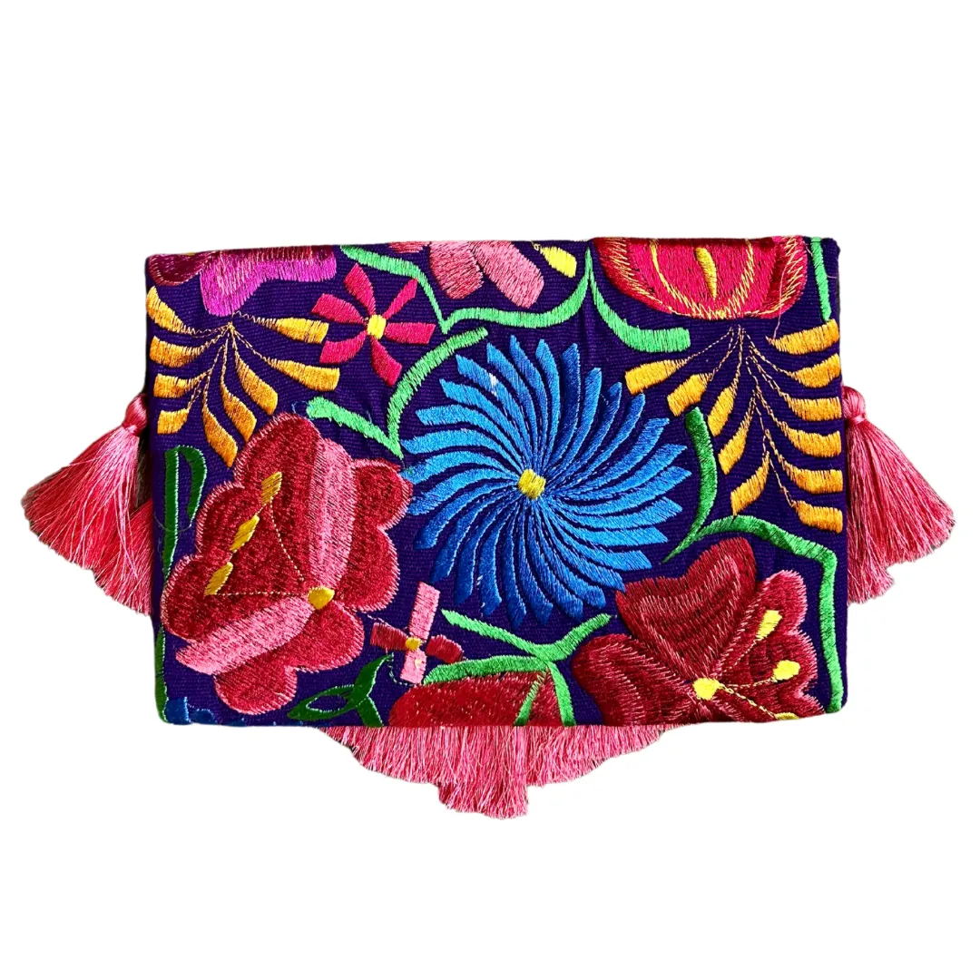 Embroidered Clutch - Luxe Tassels - Purple   Coral Multicolor