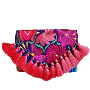 Embroidered Clutch - Luxe Tassels - Purple   Coral Multicolor