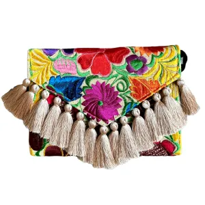 Embroidered Clutch - Luxe Tassels - Sand Multicolor