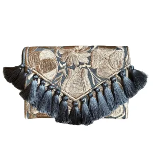 Embroidered Clutch - Luxe Tassels - Slate   Sand