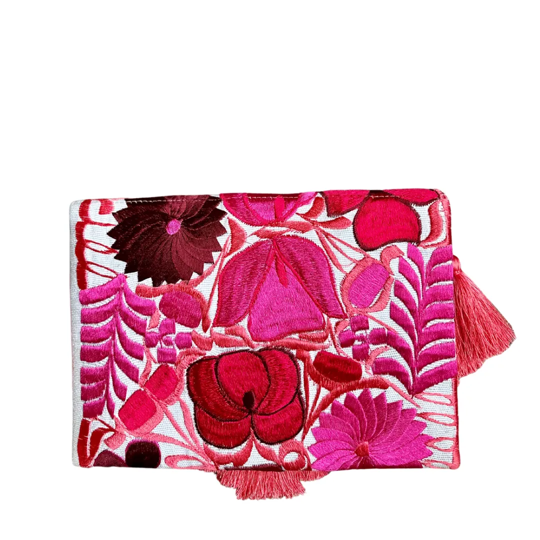 Embroidered Clutch - Luxe Tassels - White   Coral   Pinks