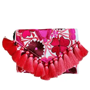 Embroidered Clutch - Luxe Tassels - White   Coral   Pinks