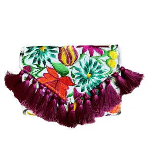 Embroidered Clutch - Luxe Tassels - White   Magenta Multicolor