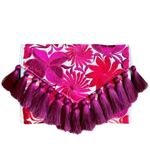 Embroidered Clutch - Luxe Tassels - White   Magenta Multicolor