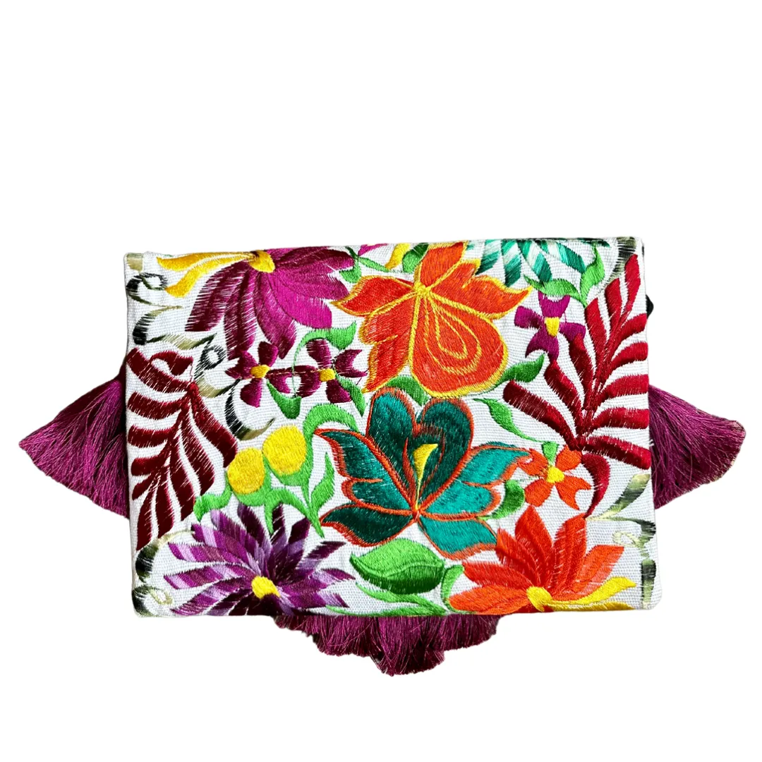 Embroidered Clutch - Luxe Tassels - White   Magenta Multicolor