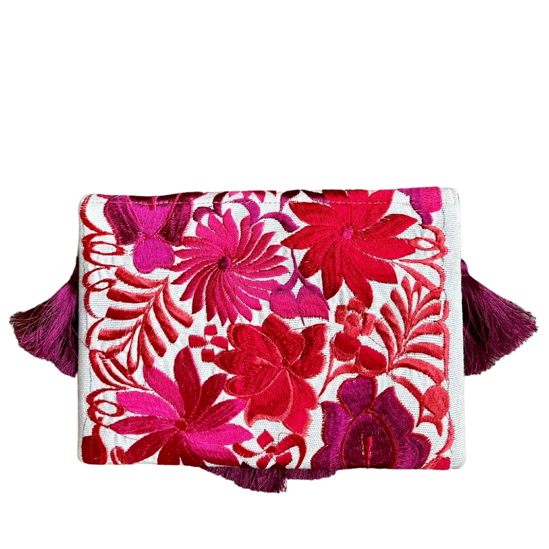Embroidered Clutch - Luxe Tassels - White   Magenta Multicolor