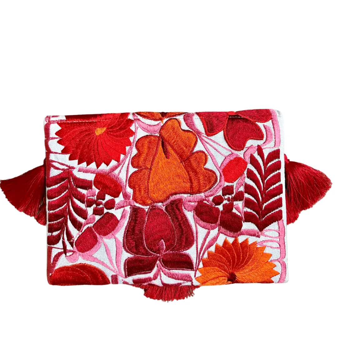 Embroidered Clutch - Luxe Tassels - White   Ruby Multicolor