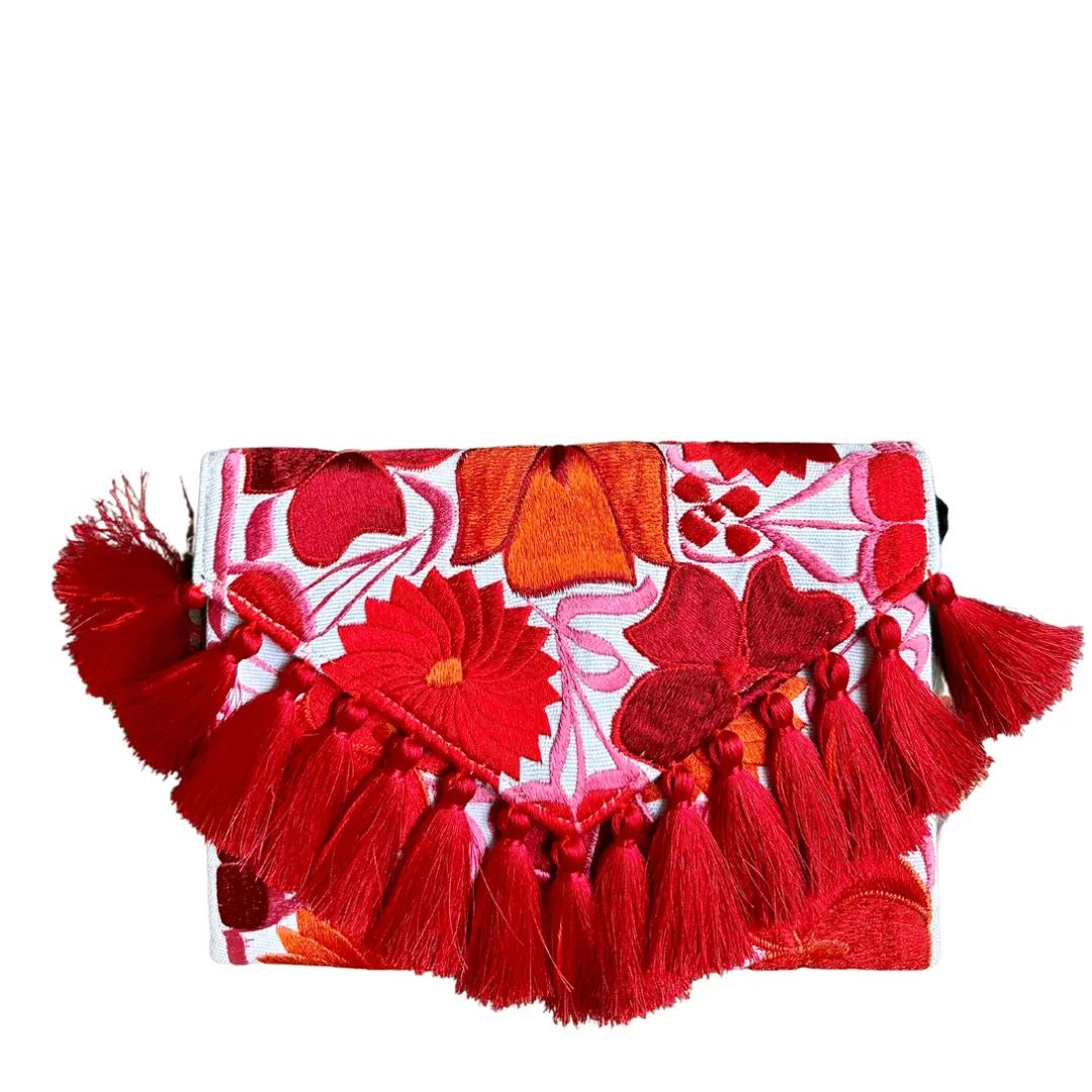 Embroidered Clutch - Luxe Tassels - White   Ruby Multicolor